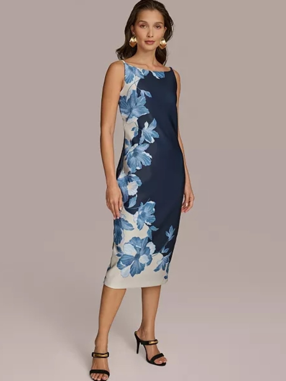 Donna Karan Navy Floral-Panel Sleeveless Sheath Dress